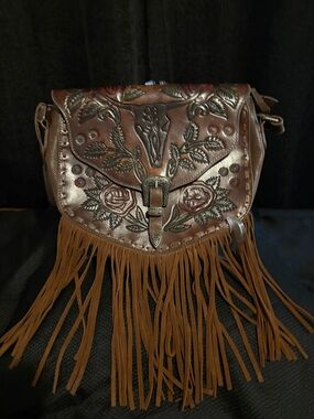 Idyllwind Brown Tooled Floral Fringe Crossbody Bag